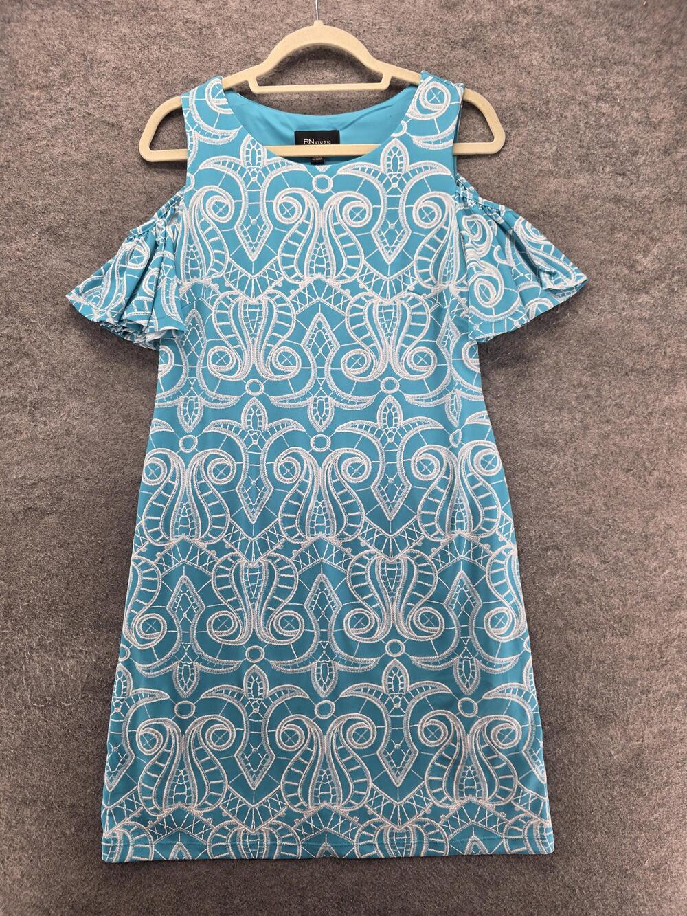 RN Studio By Ronni Nicole Dress Womens 8 Blue Short Shift Cold Shoulder